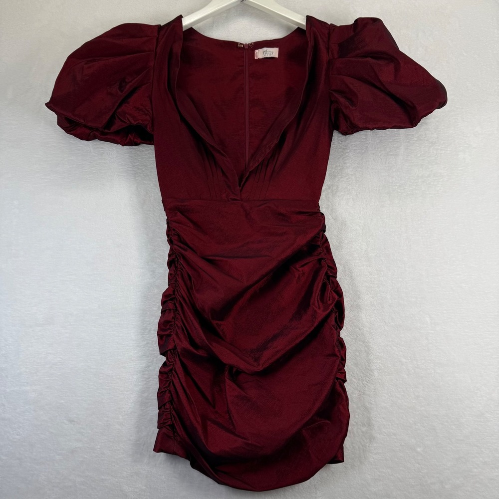 Oh Polly Burgundy Ruched Puff Sleeve Mini Dress US 4 V-Neck Party Cocktail Red